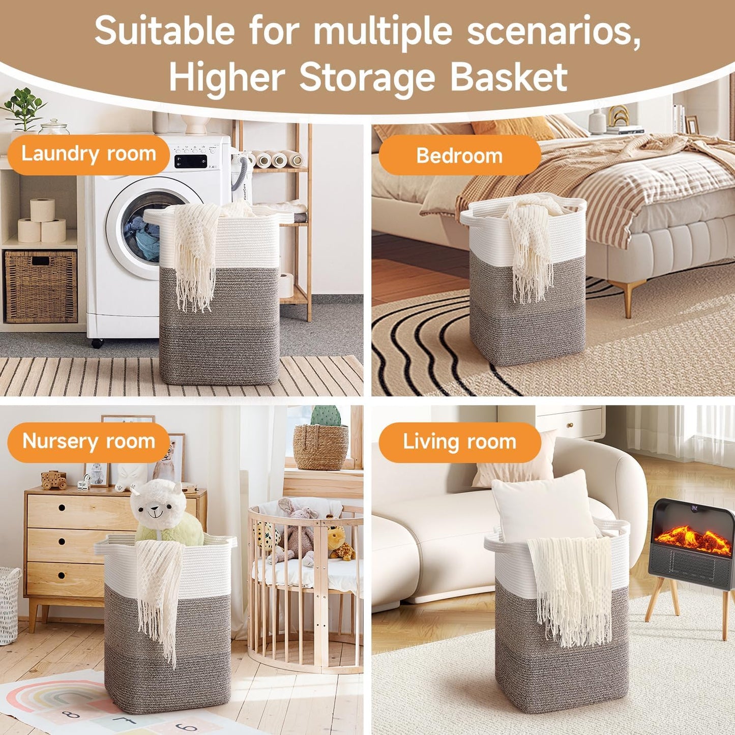 CLHMILY&Z 75L Laundry Hamper Rectangular Cotton Rope Basket - 16x13x22 Inches - Durable and Soft Storage Bin for Clothes, Toys, and Nursery Essentials, Brown & White