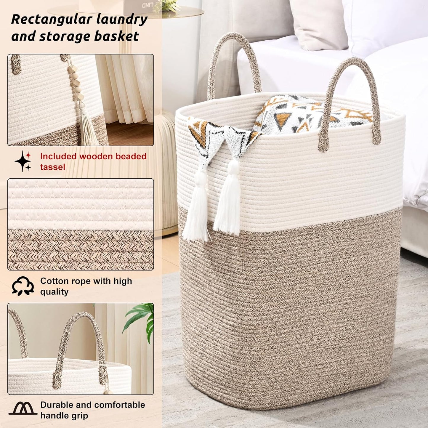 Woven Laundry Basket for Clothes, 100L Large Rectangle Laundry Hampers with Beads Tassel, Nursery Storage Basket for Toys, Tall Dirty Clothes Hamper for Bedroom Aesthetic, Laundry Room Organization