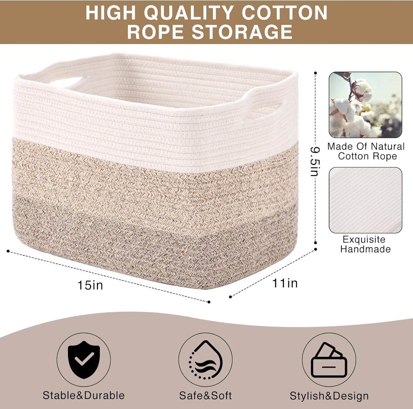 Storage Baskets for Organizing Shelves, Woven Cotton Rope Bins for Baby Nursery Organization, Book Toy Towel Organizer, 15"x11"x9.5", 3 Packs, Gradient Brown