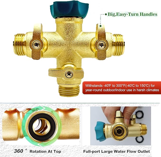 Brass High Flow 3 Way Hose Splitter Valve with Metal Handle, Heavy Duty High Flow Spigot Splitter with Shut off Valve, 3/4 Inch Garden Tap Splitter,6 Extra Rubber Hose Washers Included