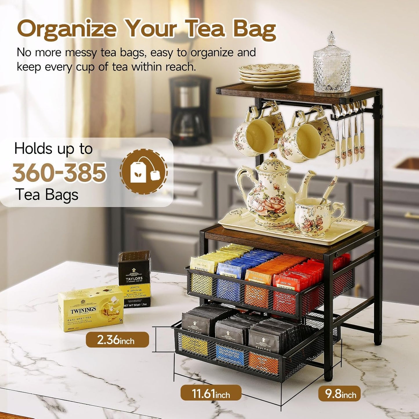Pinzoveco Tea Bag Organizer, Large Tea Organizers and Storage Box,2 Drawers Tea Bags Holder Wood Tea Box Containers Tea Station Chest Display for Kitchen Organizers and Storage, Black