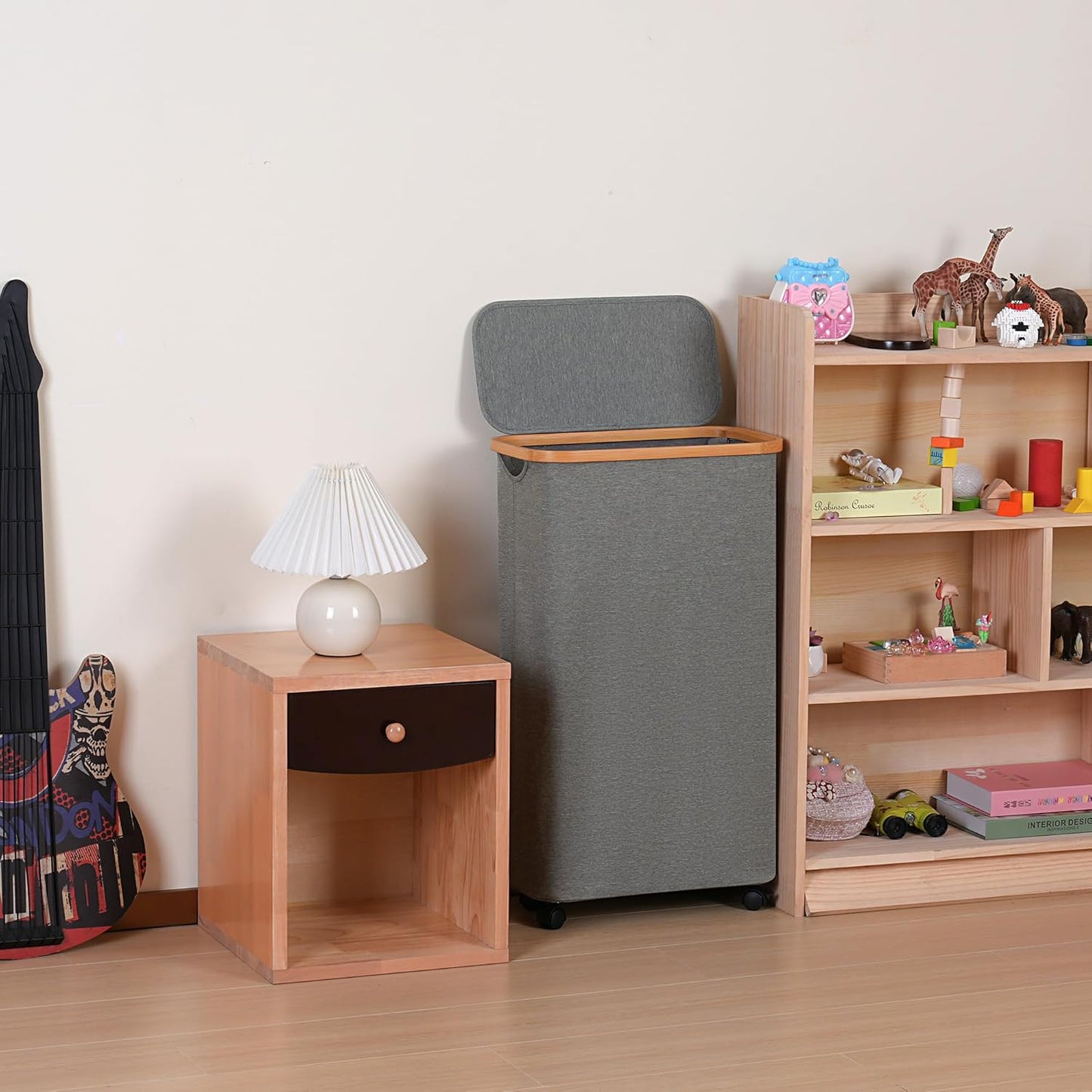 Slim Laundry Basket with Wheels,Narrow Hampers for Laundry, Laundry Hamper with Lid&Bamboo Handles,Dirty Clothes Hamper for for Bathroom Bedroom Dorm, 60L Grey