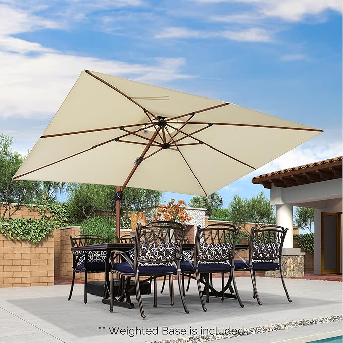 PURPLE LEAF 9' X 12' Double Top Deluxe Wood Pattern Rectangle Patio Umbrella with Base Offset Hanging Umbrella Outdoor Market Umbrella Garden Umbrella, Cream