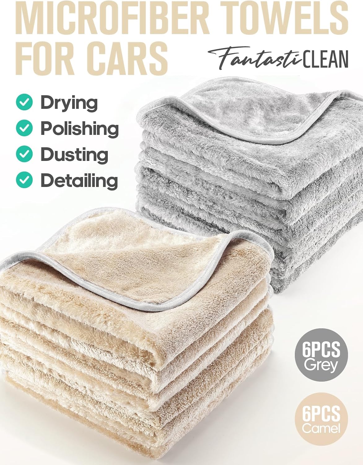 Fantasticlean Microfiber Car Detailing Towels, Car Drying Towel with Edge, Plush, Coral Fleece, 700GSM, 16" x 16", 12 Pack, Scratch-Free, Ultra Absorbent, Car RV Boat Home Cleaning (Grey and Camel)