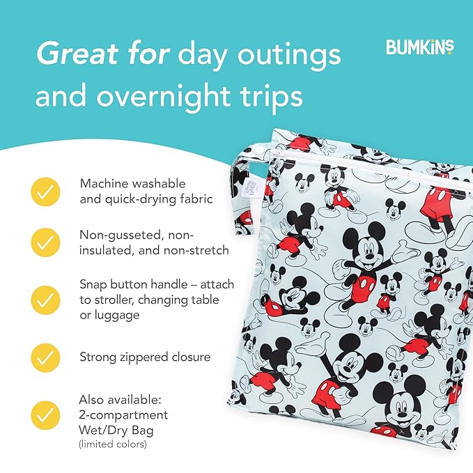 Bumkins Disney Waterproof Wet Bag for Baby, Travel, Swim Suit, Cloth Diapers, Pump Parts, Pool, Gym Clothes, Toiletry, Strap to Stroller, Daycare, Zipper Reusable Bag, Packing Pouch, Mickey Mouse