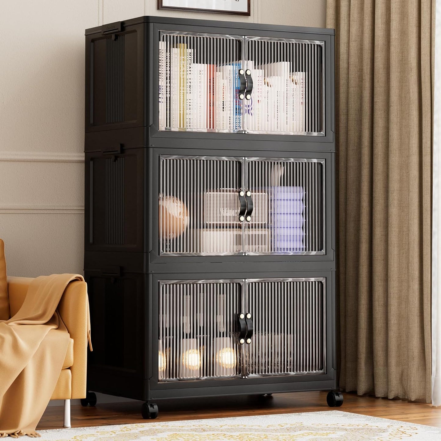 Jalove 88QT Plastic Storage Bins with lids, Stackable Collapsible Storage Containers with Wheels, Closet Organizer and Storage Drawers, Clothes Storage Cabinet for Home Office Garage, 1 Pack Black