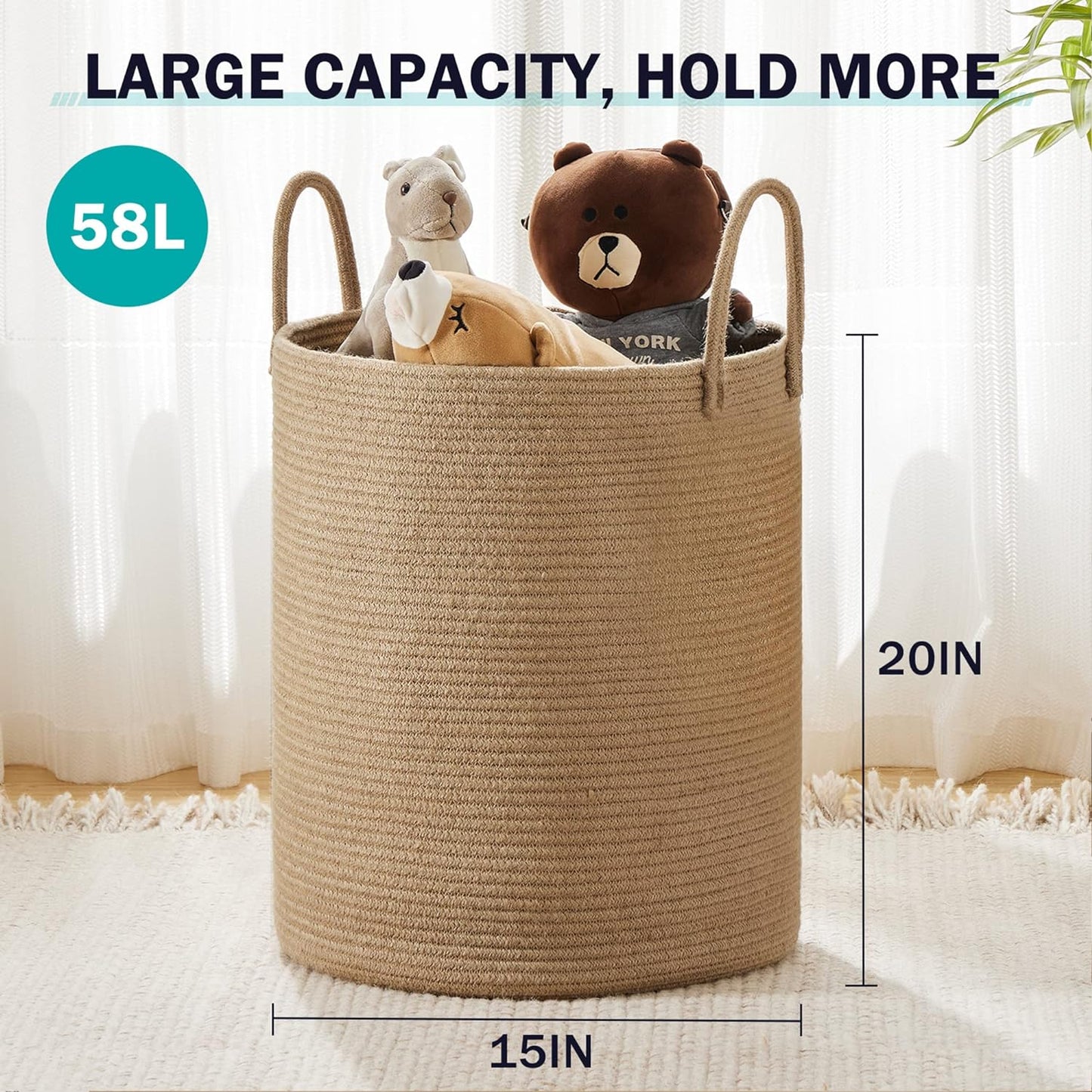 Jute Rope Laundry Hamper Basket by YOUDENOVA, 58L Tall Laundry Basket, Baby Nursery Hamper for Blanket Storage for Bedroom-Large-Jute
