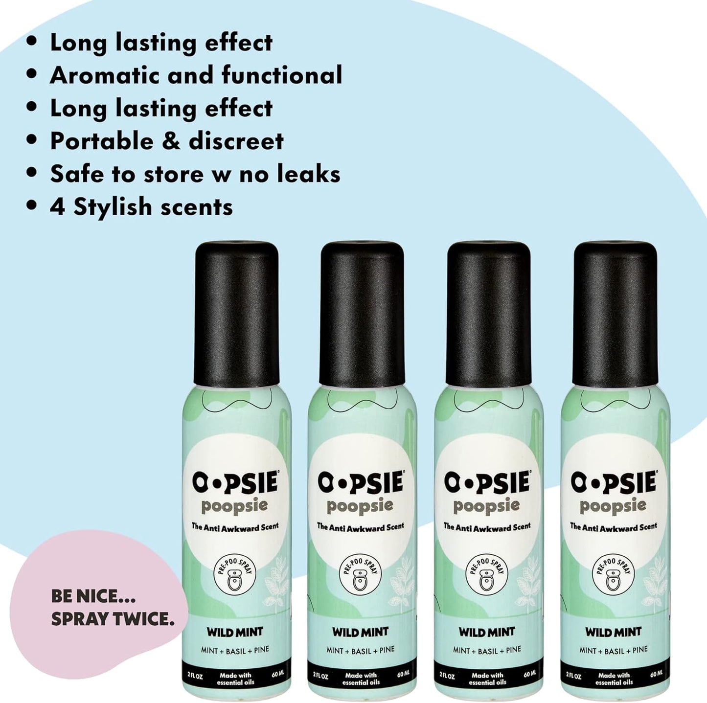 OOPSIE POOPSIE - Wild Mint - Before & After You Go Toilet Spray 2oz - Portable Odor Eliminator - 4 Pack