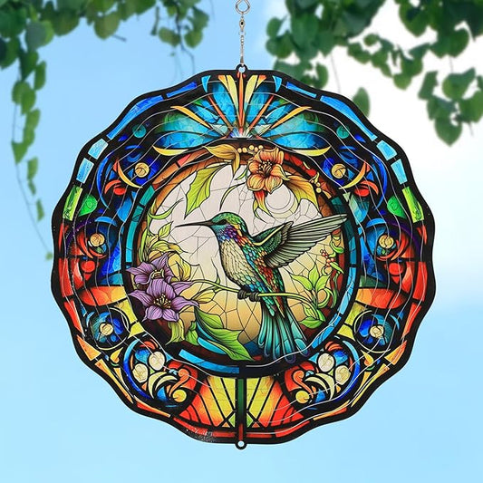 Wind Spinner - Durable Stainless Steel Hanging Wind Spinners - Indoor/Outdoor Hanging Decor - 12 Inch Wind Sculptures & Spinners for Gardens and Patios(Hummingbird)