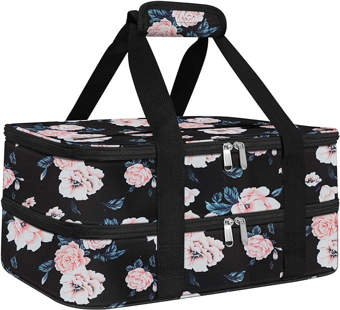 esouler Double Insulated Casserole Carrier Bag Hot & Cold Food Carrier Bag Lasagna Holder Lunch Bag for Picnics, Parties, Travel, Fits 9 x 13 Inches Casserole Dish-Flower