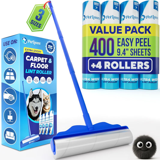 PetLovers Large Lint Roller with 3 Refills – 400 Total Sheets for Tackling Pet Hair, Extra Large Floor and Carpet Roller for Homes with Pets, Perfect for Floors, Furniture, and Loving Pet Owners