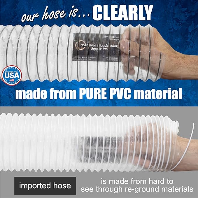 Peachtree Woodworking 4" X 10' PVC Dust Collection Hose w/4 Thumbscrew Clamps, Puncture Resistant, Carbon Steel Wire, Flexible Clear PVC Dust Collector Hose, Proudly Made in USA