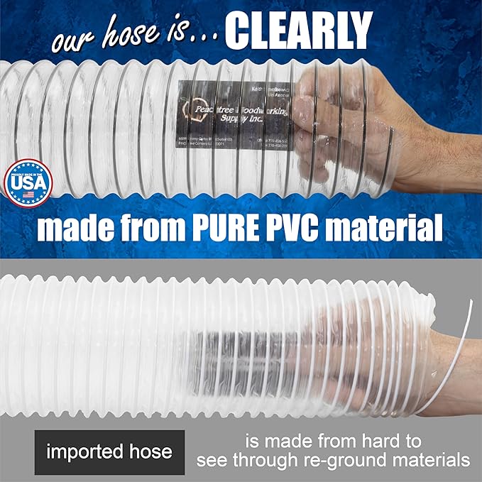 PVC Dust Collection Hose w/4 Thumbscrew Clamps, Puncture Resistant, Carbon Steel Wire, Clear Flexible PVC Dust Collector Hose, Proudly Made in USA (4" x 10')