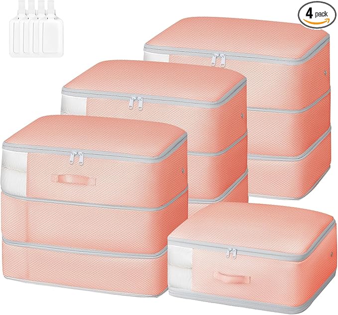 Comforter Storage Bag - Large Capacity Blanket Storage Bags 3-Layer Ultra Space Saving Self Compression Organizer, Washable Compression Bags for Storage Comforter Blanket, 4-Pack, Pink