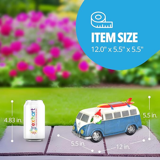 Exhart Solar Retro Van Surfboard Gnome Statue - LED Lights Garden Sculpture, Outdoor Decoration, 5.5 x 12 x 5.5 Inch