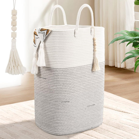 Woven Laundry Basket for Clothes, 80L Large Rectangle Laundry Hampers with Beads Tassel, Nursery Storage Basket for Toys, Tall Dirty Clothes Hamper for Bedroom Aesthetic, Laundry Room Organization