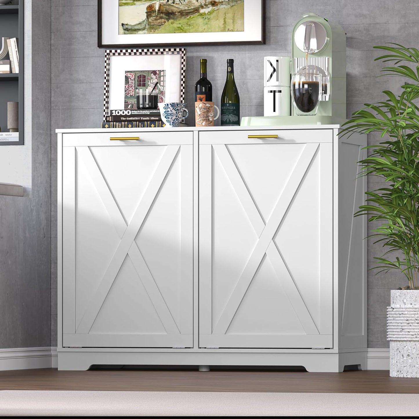 Tilt Out Trash Can Cabinet for 2 Bins, Hidden Recycle Garbage Bin Enclosure, Wooden Double Laundry Cabinet with Odor Control, Negative Ion & Ozone, for Kitchen, Bathroom, Laundry Room