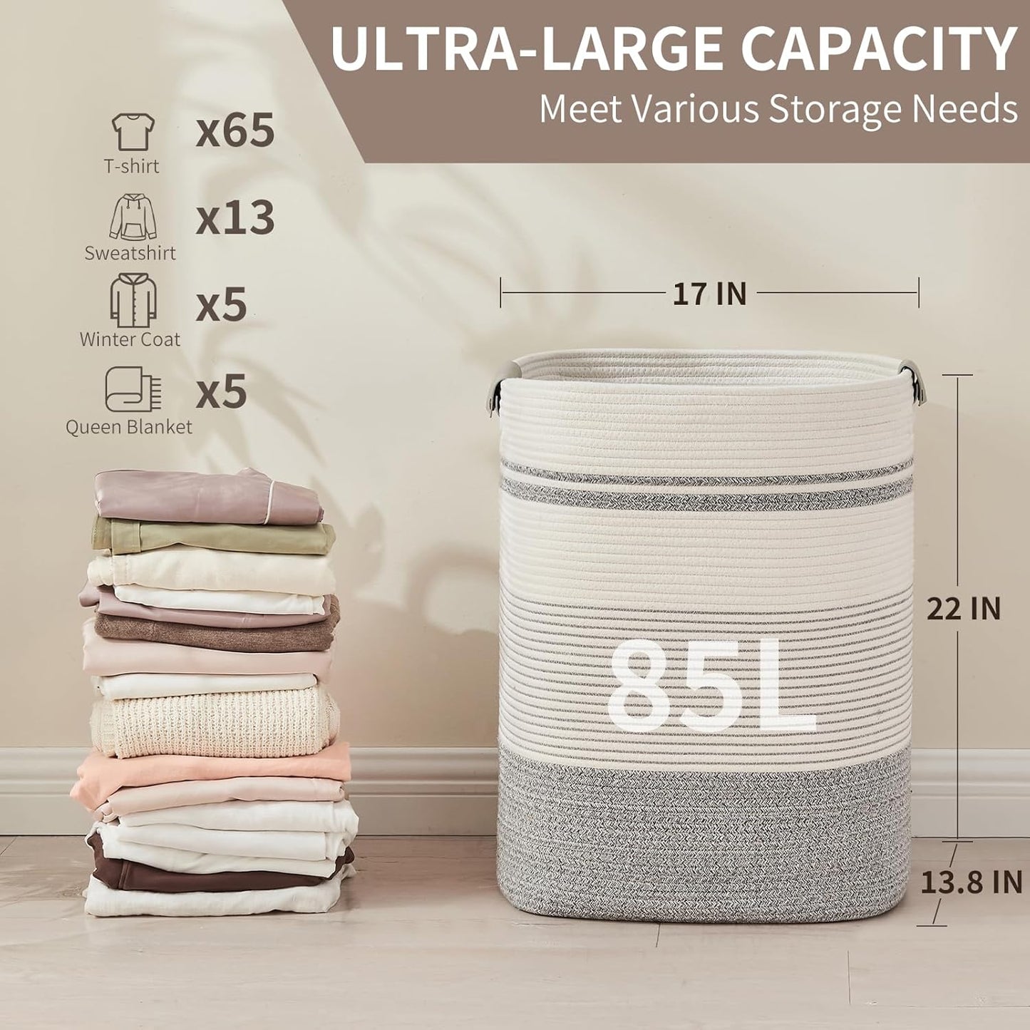 Laundry Basket with Handles - Blanket Basket & Hampers for Bedroom Aesthetic, Laundry Hamper & Blanket Storage for Living Room, Clothes Hamper, Tall, Large 17" x 14" x 22”, Grey & White