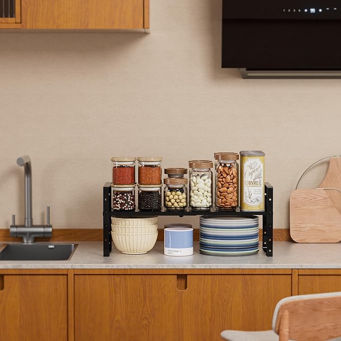 Expandable Spice Rack, Stackable Metal Pantry Storage Shelves Stand, Adjustable Height Cabinet Shelf Organizer Racks(3PACKS/BLACK,LARGE)