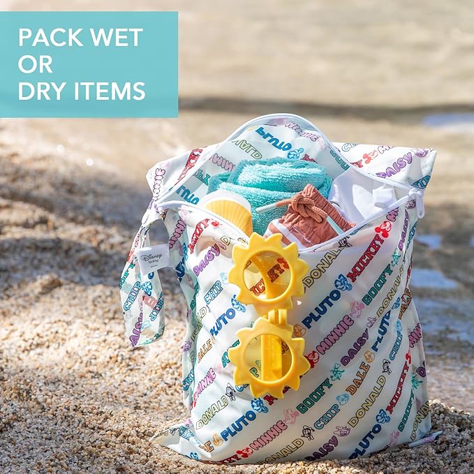 Bumkins Disney Waterproof Wet Bag for Baby, Travel, Swim Suit, Cloth Diaper, Pump Parts, Pool, Beach, Gym Clothes, Toiletry, Hook to Stroller, Daycare, Zipper Reusable Wetdry, Mickey and Friends White