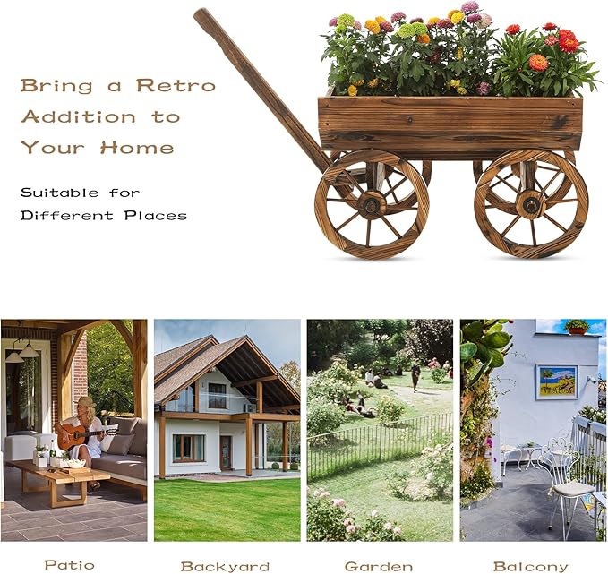 Garden Wooden Decor Rustic Flower Pot,Planters Wagon Indoor Outdoor Backyard Balcony Decor,for Outside Garden Decor Wheelbarrow Planter for Patio (Wooden Wagon)