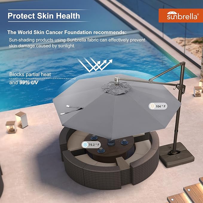 PURPLE LEAF 10FT Cantilever Patio Umbrella with 360-degree Rotation Aluminum Round Outdoor Offset Handing Umbrella for Patio Pool, Deep Grey