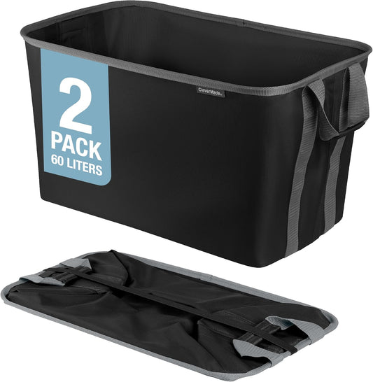 CleverMade Collapsible Laundry Basket Hamper - Black 2-Pack 60L - Space Saving Storage Organizer with Handles Foldable Home Organization