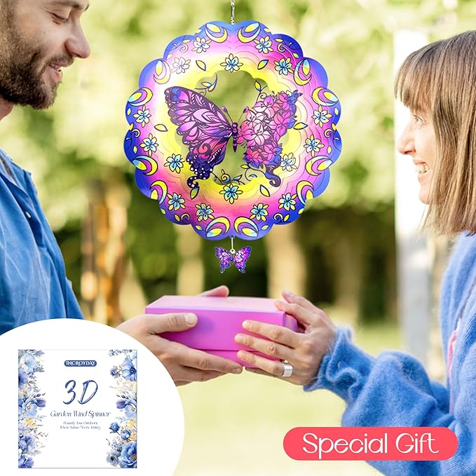 Butterfly 12 Inch Wind Spinners Garden Yard Decor Gift for Women Men, Outdoor Purple Metal 3D Wind Spinner, Stainless Steel Hanging Wind Catchers Sculpture for Outside Decoration