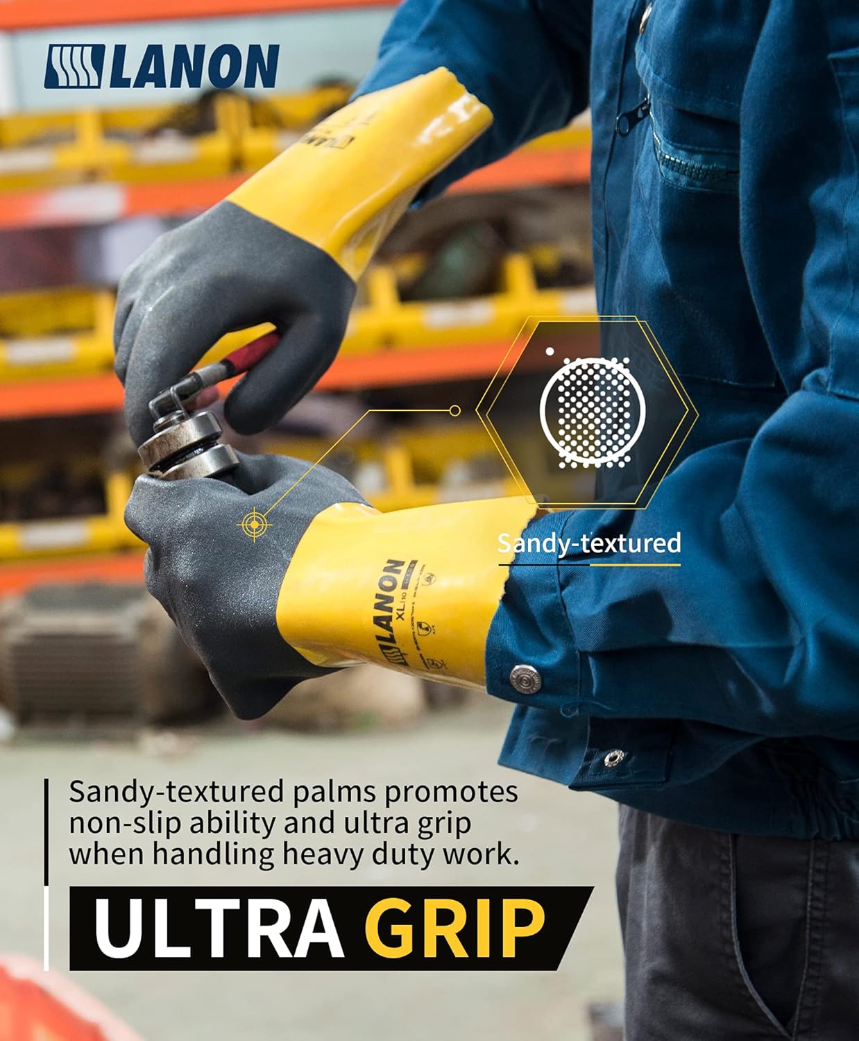 LANON PVC Chemical Gloves, Thick Rubber Work Gloves, Heavy-Duty, EN 374/388, Acid, Alkali and Oil, Non-Slip, Large