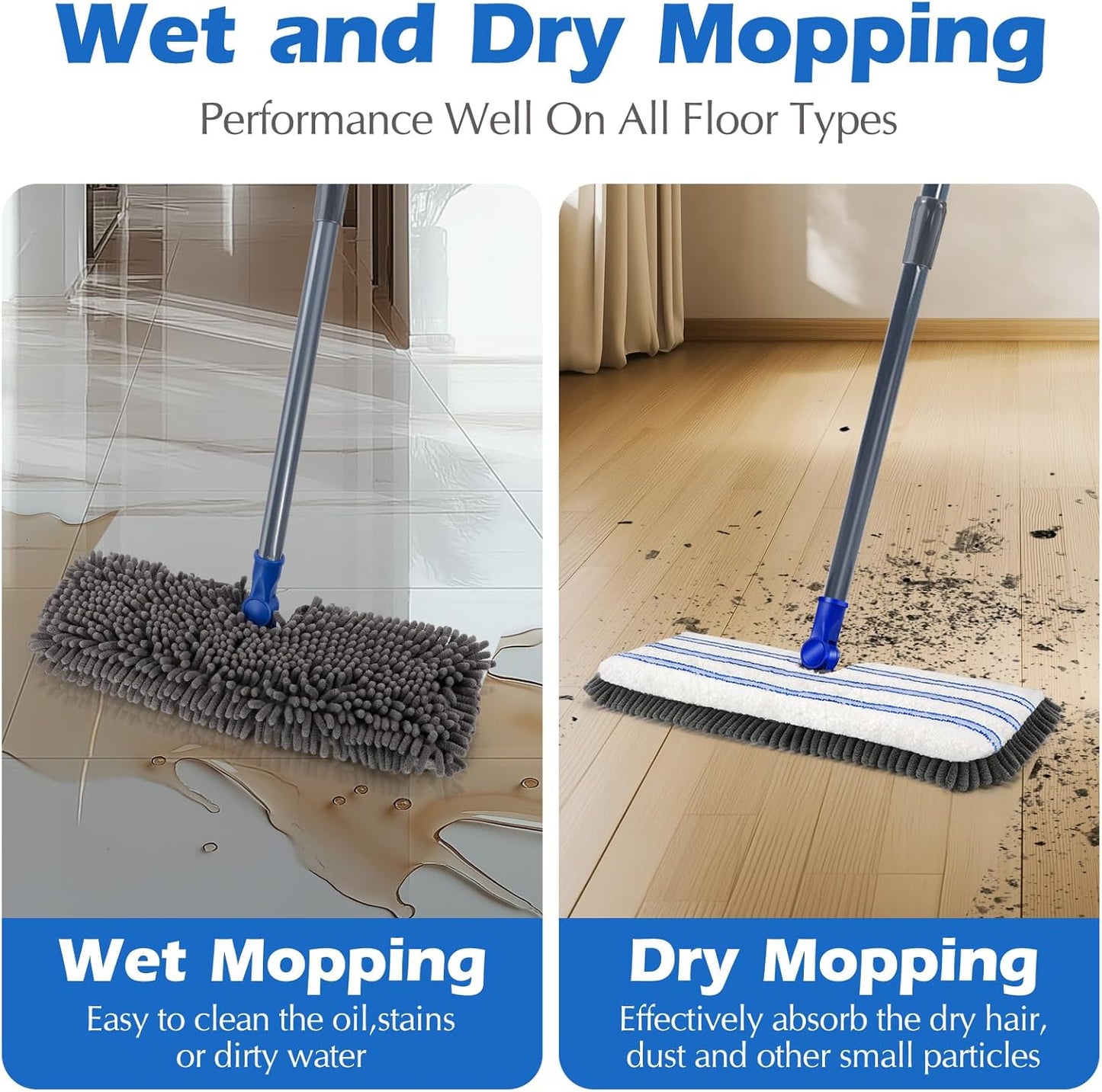 Microfiber Flip Mop,Masthome Flat Mop with Stainless Steel Handle,Mops for Floor Cleaning and 4 Reusable Washable Mops Pads,Wet & Dry Dust Mopping for Hardwood,Vinyl,Laminate,Tile Cleaning