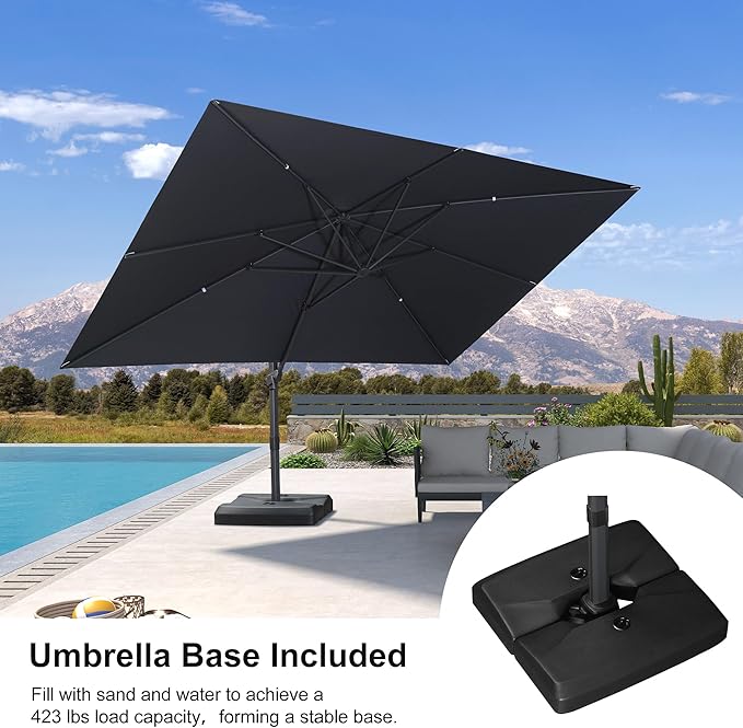 PURPLE LEAF 10' × 13' Patio Cantilever Umbrella with Base Outdoor Rectangle Adjustable Offset Umbrellas with 360-degree Rotation and 8 Heavy Duty Metal Ribs for Garden Deck Pool Grey