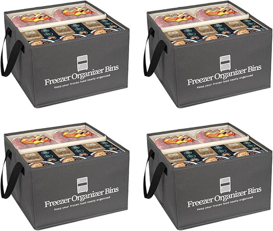 Freezer Organizer Bins, 4 Pack Collapsible Deep Freezer Organizer Bins for 15"x14"x9", freezer Storage Bins with Removable Dividers, Handles (Dark Grey, 4 Pack)