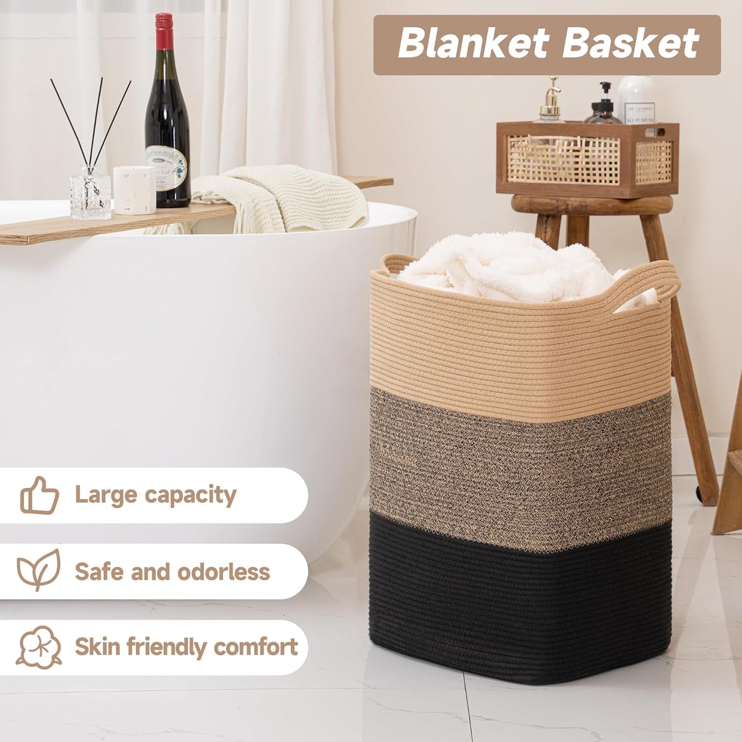 CLHMILY&Z 75L Laundry Basket Rectangular Black Jute Rope - 16x13x22 Inches - Dirty Clothes and Soft Storage Bin for Blankets, Toys, and Nursery Essentials