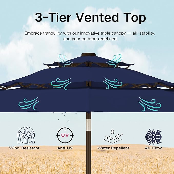 Kingdura 10ft 3-Tier Patio Umbrella with Solar Lights, Table Umbrella Outdoor Patio with Easy Crank & Tilt, 8 Sturdy Ribs, UV Protection, 32 LED Lights for Deck, Poolside, Market (Navy blue)