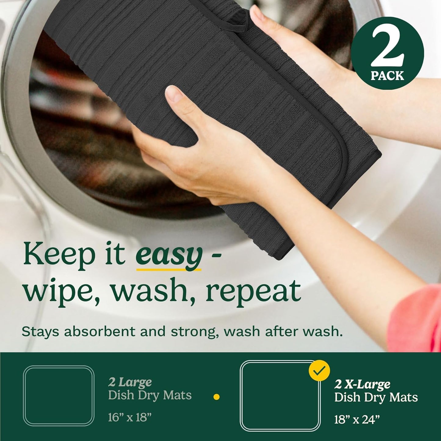 Cuisinart Dish Drying Mats for Kitchen Counter - (2) 18" x 24" Ultra Absorbent Dish Drying Mat XL - Foldable, Machine Washable, Fast Drying Dish Mat (Horizontal Stripes)