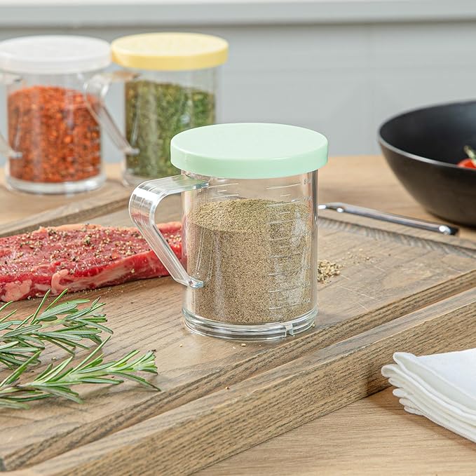 Restaurantware RW Base 10 Ounce Clear Plastic Dredge Spice Shaker 1 Reusable Dry Rub Shaker - Includes Green Perforated Lid With Handle Clear Polycarbonate Spice Shaker For Fine Seasonings