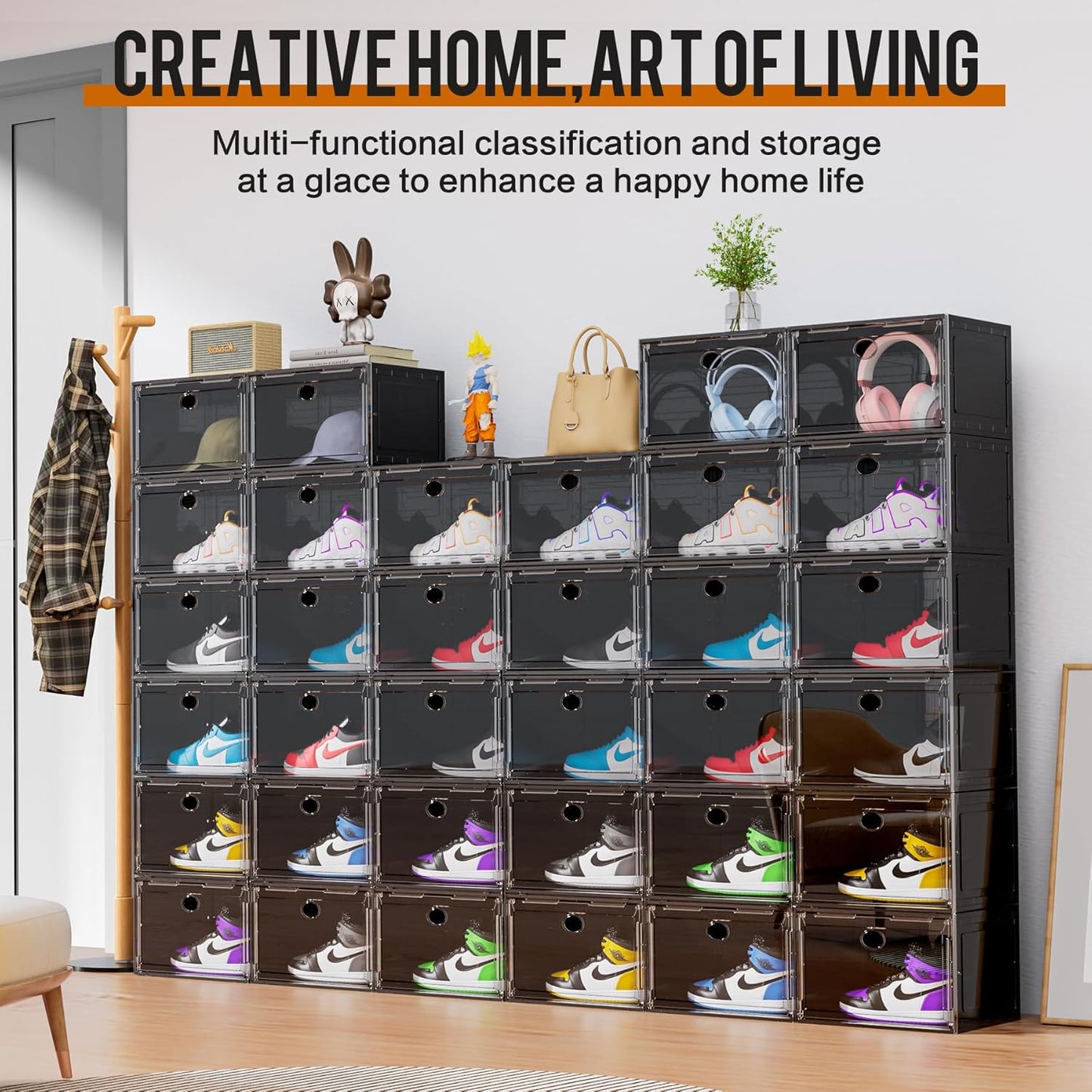 KEFA XL Shoe Storage Box Organizer, 6 Pack Shoe Boxes Clear Plastic Stackable, Sneaker Display Case Container Fit for US 13 (Side 6 PACK BLACK)