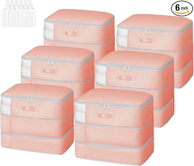 Comforter Storage Bag - Large Capacity Blanket Storage Bags 3-Layer Ultra Space Saving Self Compression Organizer, Washable Compression Bags for Storage Comforter Blanket, 6-Pack, Pink