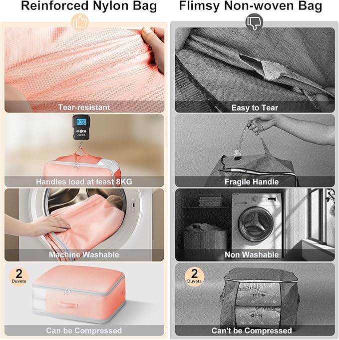 Comforter Storage Bag - Large Capacity Blanket Storage Bags 3-Layer Ultra Space Saving Self Compression Organizer, Washable Compression Bags for Storage Comforter Blanket, 4-Pack, Pink