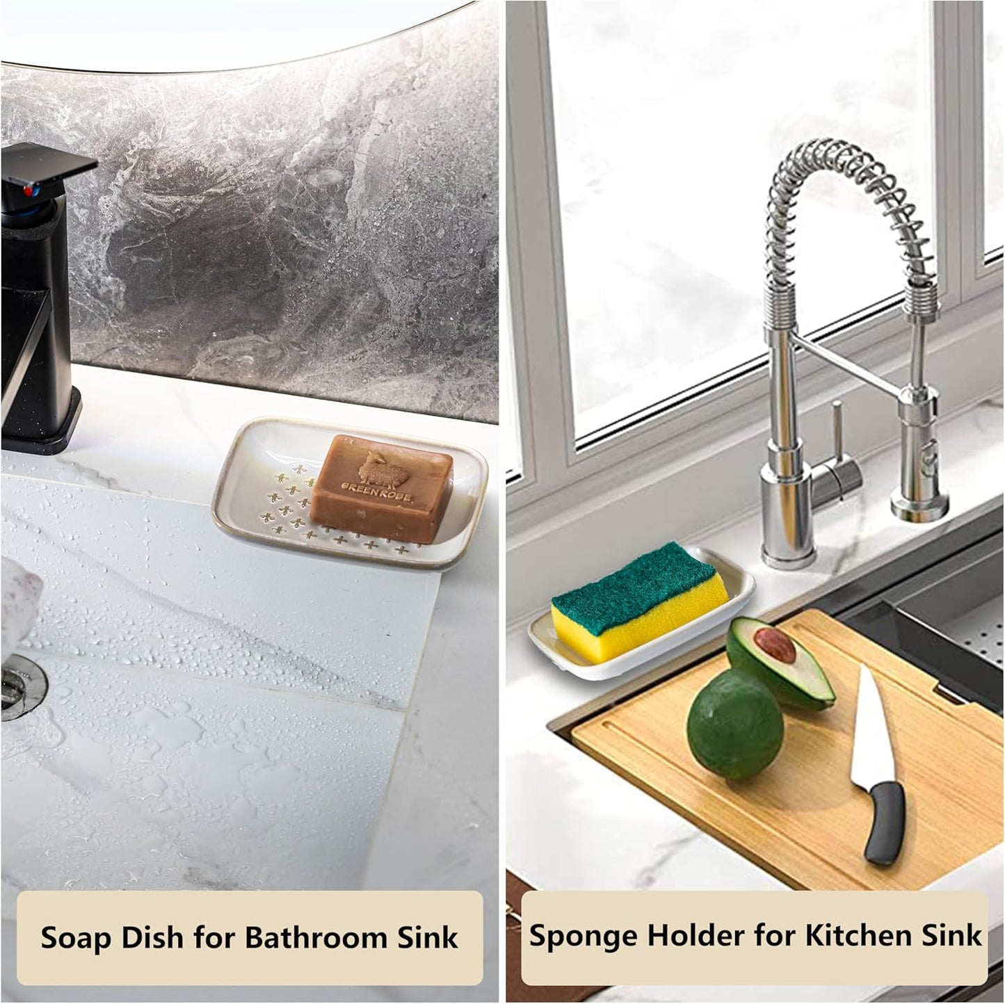 Gomakren Soap Dish, Shower Soap Holder, Ceramic Soap Dishes for Bar Soap Sponge Shampoo, Soap Saver Tray for Bathroom Kitchen Sink Counter, 5.5 Inch, Beige