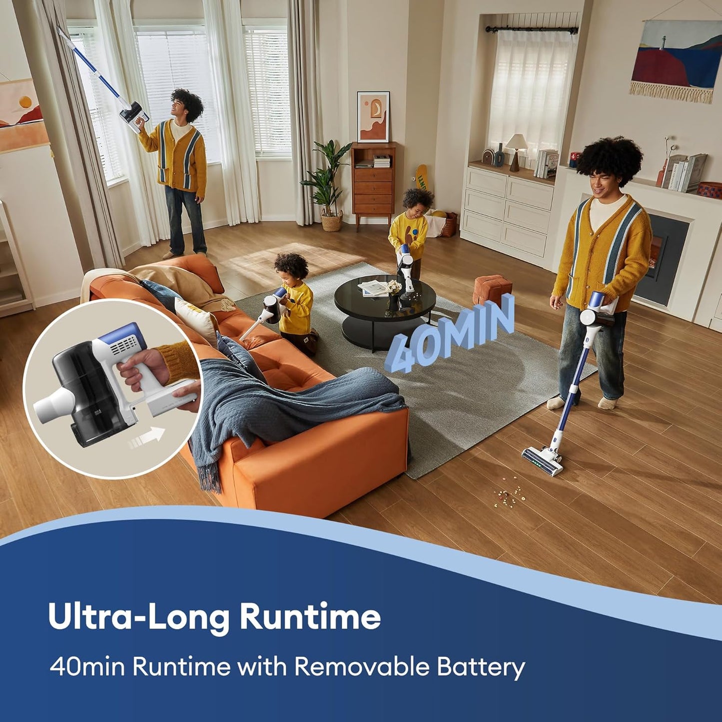 Ultenic U10 Ultra Cordless Stick Vacuum Cleaner, 500W Motor, 45KPa Suction, Max 40mins Runtime, Anti-Tangle Brush, 1L Dustbin Capacity, Stick Vacuum for Home, Pet Hair, Hardwood Floors, and Carpets