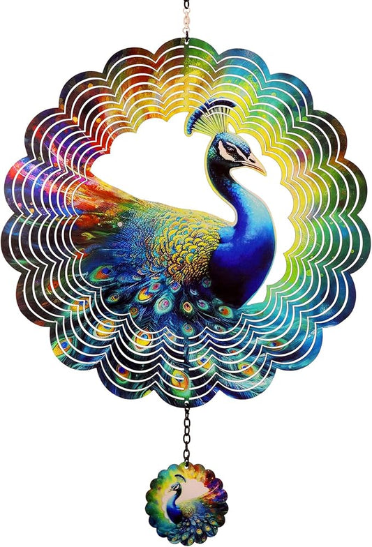 Peacock Metal Wind Spinners - Gifts for Women Mom Grandma Wife, Hanging Wind Spinner for Outdoor & Indoor Decorations, 12 inch Wide, 21 inch Long, Wind Spinner for Christmas Ornament Gifts