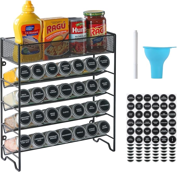 Spice Rack Organizer with 28 Empty Spice Jars,Spice Labels,Chalk pen and Funnel Complete Set,Space-Saving for Countertop, Cabinet or Wall Mount