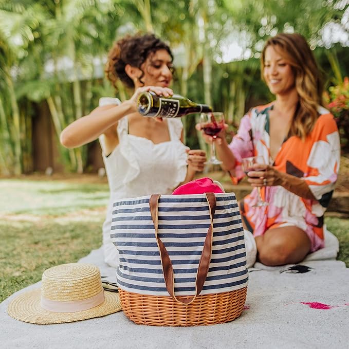 PICNIC TIME Coronado Canvas and Willow Basket Tote, Picnic Tote Bag, Beach Tote