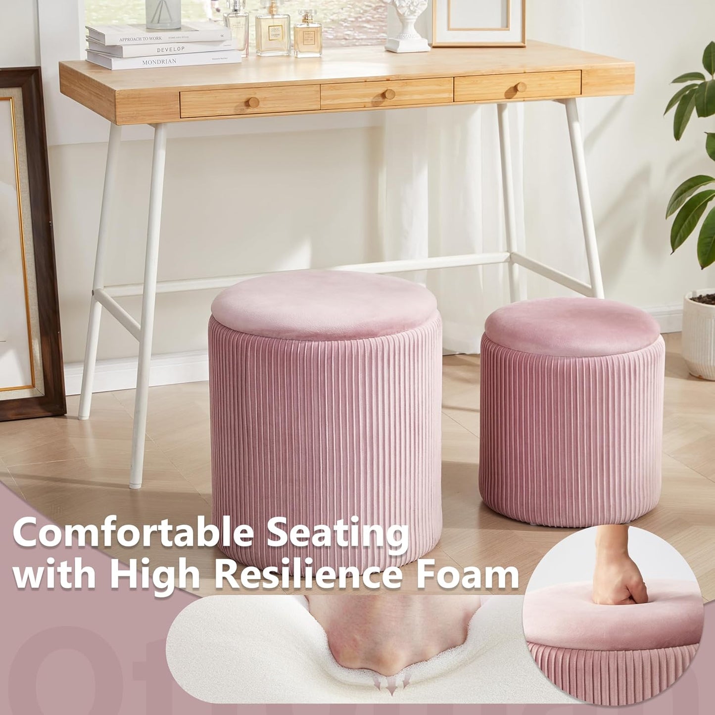Round Ottoman with Storage Set of 2,Vanity Stool with Storage for Bedroom, Ottoman Coffee Table,Small Velvet Foot Stool for Living Room, Pink