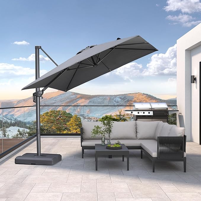 PURPLE LEAF 8 FT Cantilever Patio Umbrella Outdoor Aluminum Offset Square Umbrella with 3 Years Fade Resistance Recycled Fabric and 360-degree Rotation for Deck Pool Garden, Mist Grey