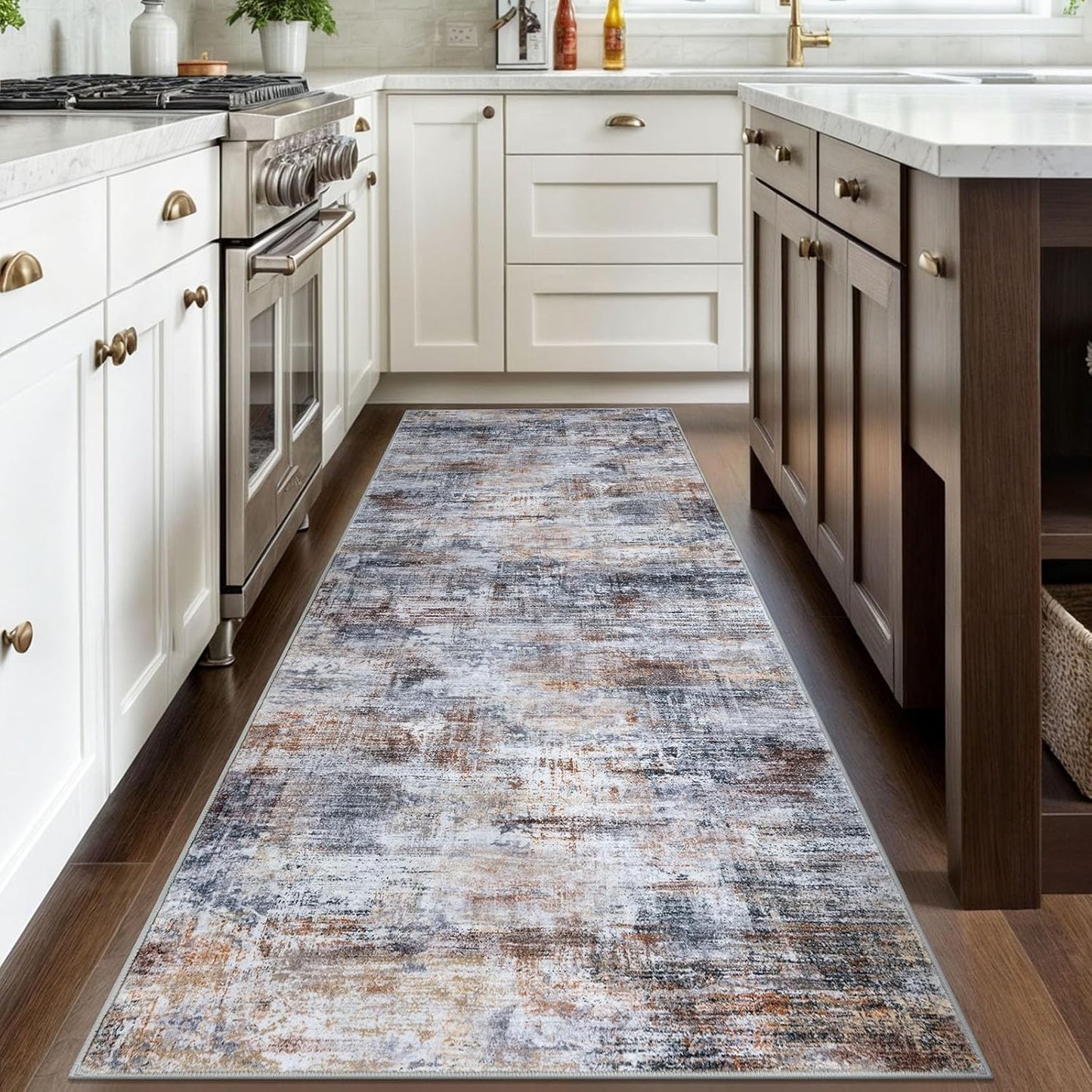 IOHOUZE Abstract Runner Rug 3x8 Ft Washable Runners for Hallways, Non Slip Kitchen Runner Printed Faux Wool Entryway Runner Indoor, Modern Abstract Floor Carpet for Hall Bedroom, Orange Grey