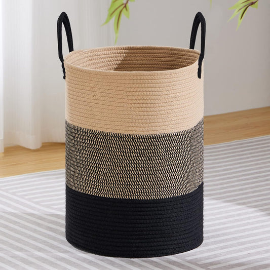VIPOSCO Large Laundry Hamper, Tall Woven Rope Storage Basket for Blanket, Toys, Dirty Clothes in Living Room, Bathroom, Bedroom - 72L Brown & Black