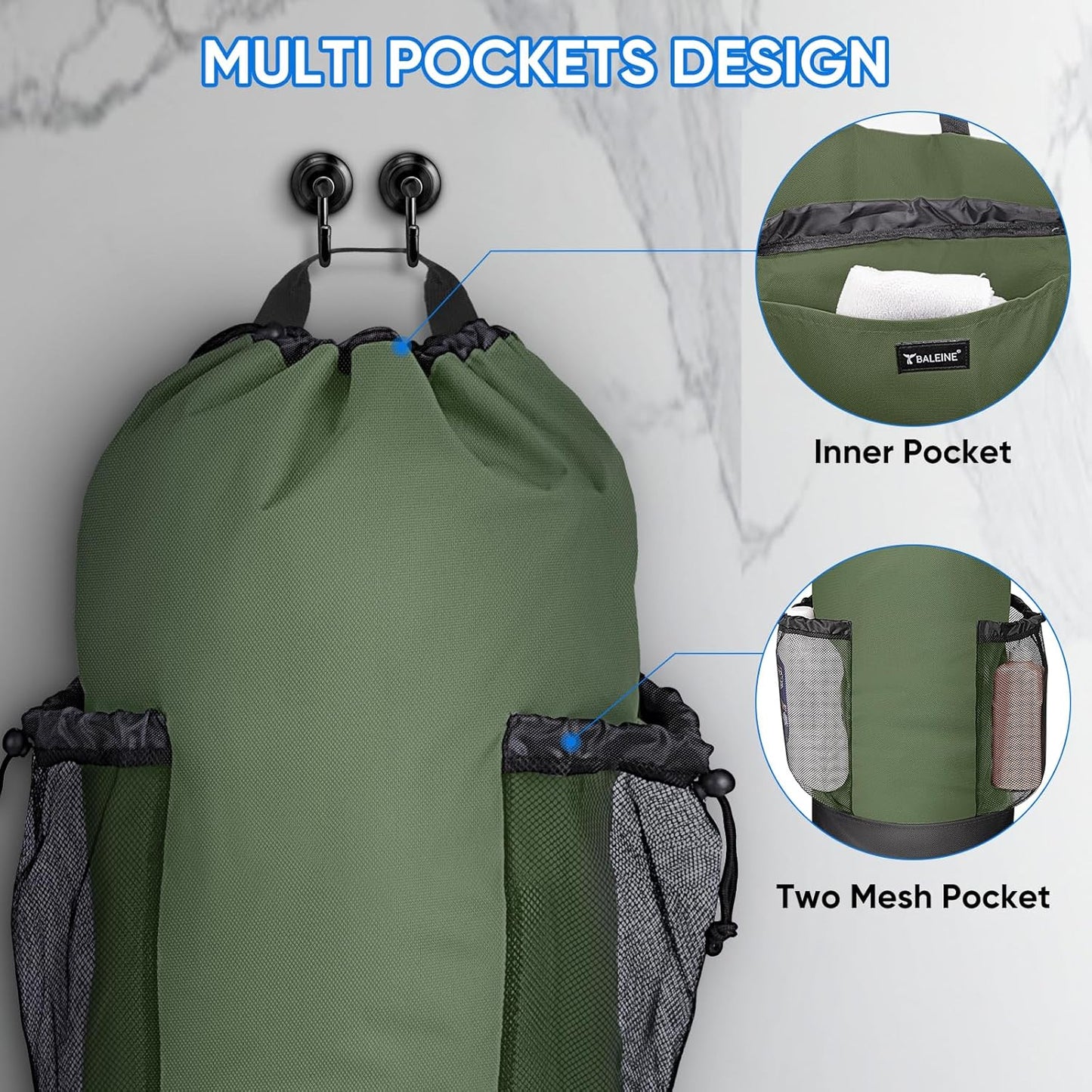 BALEINE 150L Laundry Bag Backpack, 900D Oxford Fabric Large Travel Laundry Bags with Shoulder Straps and 2 Mesh Pockets for College Dorm, Apartment, Laundromat (Green, 150L)