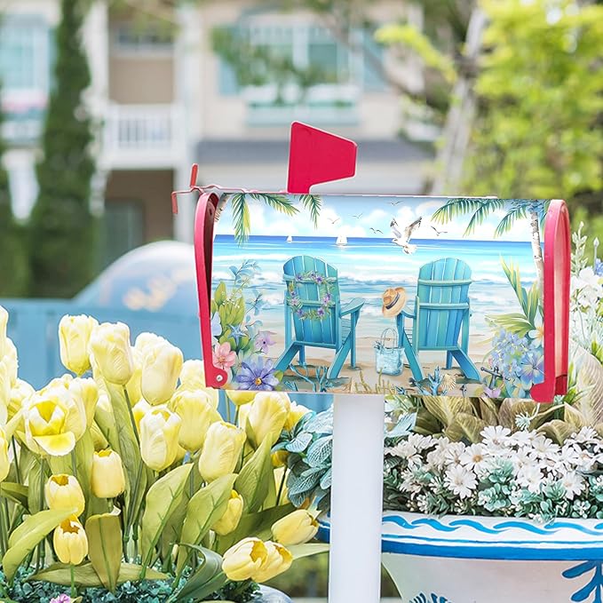 Summer Magnetic Mailbox Cover Standard Size 21x18 Inch Nautical Coastal Post Letter Box Wrap Decor Seaside Escape Dust-Proof Letterbox Covers Protection